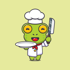 Wall Mural - cute frog  chef mascot cartoon character with knife and plate