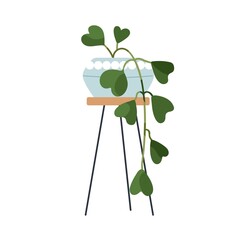 Wall Mural - Hoya kerrii, potted indoor plant with heart-shaped leaf hanging down. Green home vegetation in flowerpot on stand. Leafy house decor in planter. Flat vector illustration isolated on white background