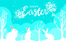 Happy Easter. Background For Cute Easter Greeting Card With Cute Bunny Illustration In Spring 