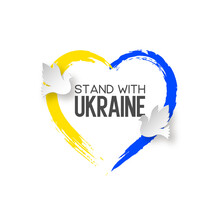 Stand with Ukraine. Ukraine War concept with grunge heart in national ukrainian flag colors and pigeons. Vector illustration.
