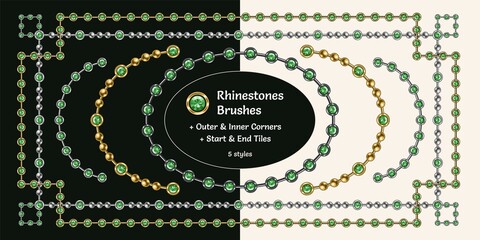 Pattern brushes with green emerald rhinestones and metal beads. Chain brushes with corners, end and start tiles. Gold and silver version. Isolated on white and black background.