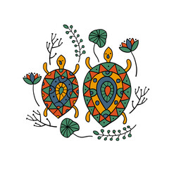 Canvas Print - Cute Turtle family in ethnic ornament style. Couple of Tortoise with floral decor background. Art print isolated on white