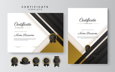 Black and gold certificate of achievement template with gold badge and border