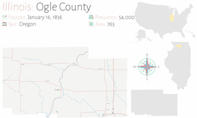  Large and detailed map of Ogle county in Illinois, USA.