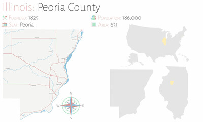  Large and detailed map of Peoria county in Illinois, USA.