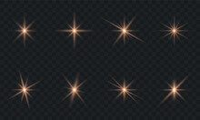 Bronze Flare Sparkle Star On Transparent Background. Gold Light Beam Shine Effect. Bokeh Glare Shiny Sparkle. Bronze Burst Illuminated Flare. Gleam Glitter Festive Set. Isolated Vector Illustration
