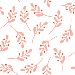 Wall Mural - White seamless pattern with pink plant leaves.