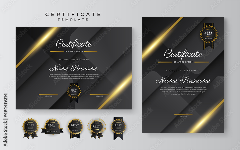 Black and gold certificate of achievement template with gold badge and ...