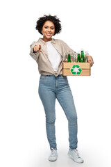 Wall Mural - recycling, waste sorting and sustainability concept - happy smiling woman holding wooden box with glass bottles and pointing to camera over white background