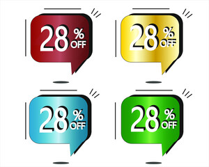 28% off. Red, yellow, blue and green stickers. Vector with four colorful balloons for special offers