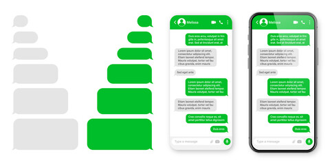 Realistic smartphone with messaging app. Blank SMS text frame. Conversation chat screen with green message bubbles. Social media application. Vector illustration.