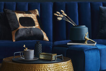 Stylish And Elegant Details In The Glamour Living Room Interior. Golden Metal Coffee Table And Creative Personal Accesories. Dark Blue Sofa On The Background. Template. Copy Space..