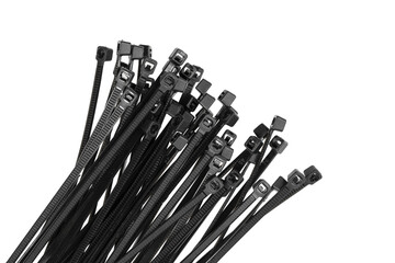 Black plastic cable ties isolated on white background. plastic wire ties closeup.