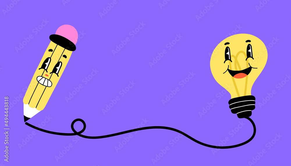 Pencil and light blub. Creative idea development, funny characters, innovation and startup in company, brainstorming prosess, poster with copy space, vector trendy cartoon isolated concept