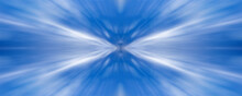 Blue, White Symmetrical Background. Mirror Reflection, Kaleidoscope Effect. Starburst Pattern. Abstract Design. Blurred Motion. Panoramic Template For Banner, Landing Page, Ticket, Coupon