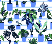 Tropical Plants In Blue Pots. Seamless Pattern On White Background.