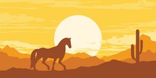 Sunset Desert Landscape With Mountains And Cactus. Vector Illustration.