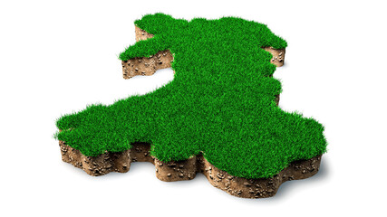 Poster - 3D illustration of the Wales Map soil land geology cross-section with green grass and rock ground