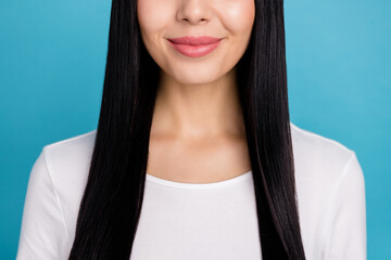 Wall Mural - Cropped photo of sweet brunette millennial lady lips wear white shirt isolated on blue color background