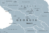 Fototapeta  - Georgia, gray political map, with capital Tbilisi, and international borders. Republic and transcontinental country in Eurasia, located south of North Caucasus Federal District of Russia. Illustration