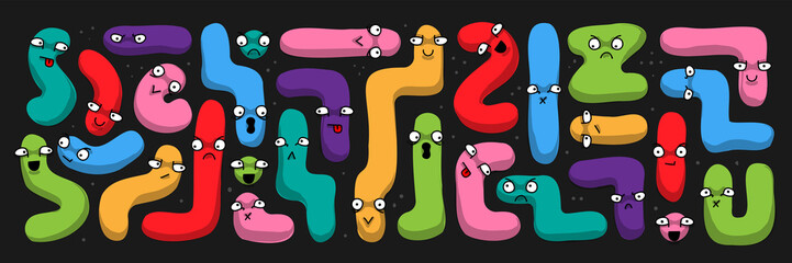 Vector illustration. Set of multi colored shapes, snakes on dark background. Funny comic cute characters and doodles.