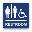 Restrooms sign. Blue toilet sign with lady, man and person with disability symbols and text vector sign ESP10.