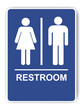 Restrooms sign. Blue toilet sign with lady, man and person symbols and text vector sign ESP10.