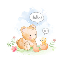 Wall Mural - Cute bear and little duck on flowers field illustration