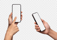 Hand Holding The Black Smartphone Iphone With Blank Screen And Modern Frameless Design, Hold Mobile Phone On Transparent Background Ideal For Marketing, App Design, UI And UX - Include Clipping Path.	