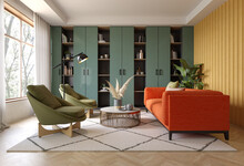 Minimalist Interior Of Modern Living Room 3D Rendering