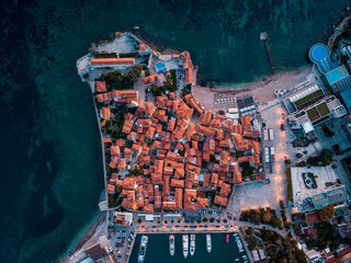 Poster - Aerial view of the Budva Old Town, Historical landmarks in Montenegro with water sea horizon