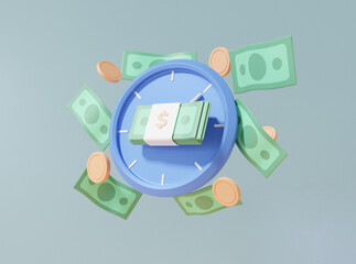 Poster - Clock with Banknotes green and coins floating. budget time business finance, Cartoon minimal. on pastel background, banner, illustration. 3d render illustration