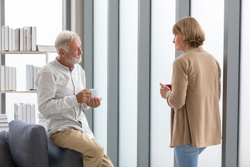 Wall Mural - senior businessman and businesswoman holding a cup of coffee and talking about work in free time