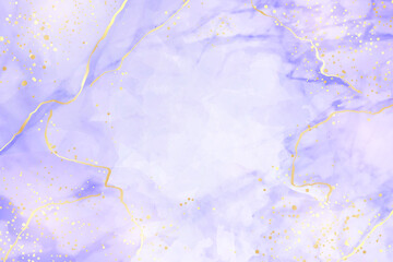  Violet lavender liquid watercolor marble background with golden lines. Pastel purple periwinkle alcohol ink drawing effect. Vector illustration design template for wedding invitation, menu, rsvp