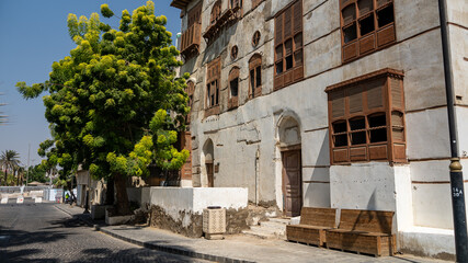 Facade of an old traditional building in the town of Al Balad, Jeddah, Saudi Arabia