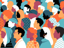 Ethnic Group Of People Profiles Illustration. Many Faces O People Of All Races, Divers People Profile View Of Men And Women, Many Races, Ages And Features. Checkered Pattern Graphic. Flat Design.