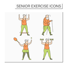 Senior exercise color icons set. Physical activity. Tennis, Scandinavian walking, stretching. Training concept. Isolated vector illustration