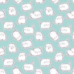 Cute Kawaii Cats or kittens in funny poses - vector seamless pattern. Funny cartoon fat cats for print or sticker design.  Adorable kawaii animals on blue background