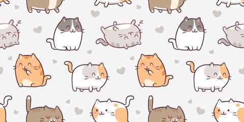 Cute Kawaii Cats or kittens in funny poses - vector seamless pattern. Funny cartoon fat cats for print or sticker design. Adorable kawaii animals on grey background