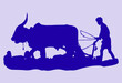 Illustration of a plowman and reaper with bulls on the blue background