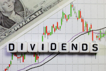 Conceptual image of the word dividend on letter cube with stock graph and dollar background.