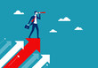 © Yellow duck - Businessman standing on flying red arrows. holding telescope looking for opportunities. Business vision leadership to success. different strategy thinking. vector illustration flat design.