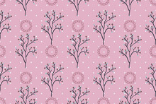 Seamless Pattern Of Tree Branches And Pink Floral Shapes On Pink Background