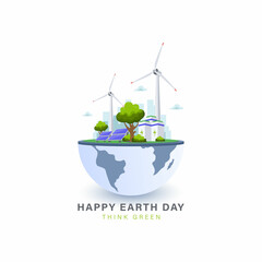 Happy earth day illustration vector design with globe map world environment . Ecology concept with green energy source for save the planet.