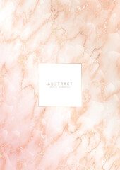 Wall Mural - Luxury elegant background. Pink marble texture with gold veins and copy space with shiny borders. Modern premium template in pastel colors for invitation, card or notebook cover