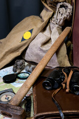 Sticker - Still life with tools of a field geologist - field vintage geology concept