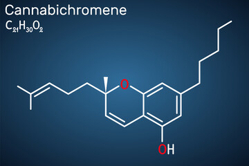 Wall Mural - Cannabichromene, CBC molecule. It is phytocannabinoid found in Cannabis sativa and Helichrysum species. Structural chemical formula on the dark blue background