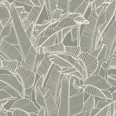 Seamless floral pattern with Tropical bananas leaves. Tropical leaves in retro style. Hand drawn olive color pattern. Line art. 