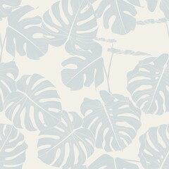 Seamless floral pattern with Tropical Monstera plant. Tropical leaves in retro style. Hand drawn pattern in blue and beige colors. Line art. 