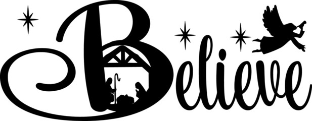 Word believe with Christmas illustrations isolated on a white background